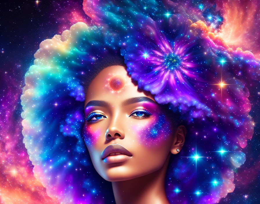 Colorful woman's face merges with cosmic elements like nebulae and stars