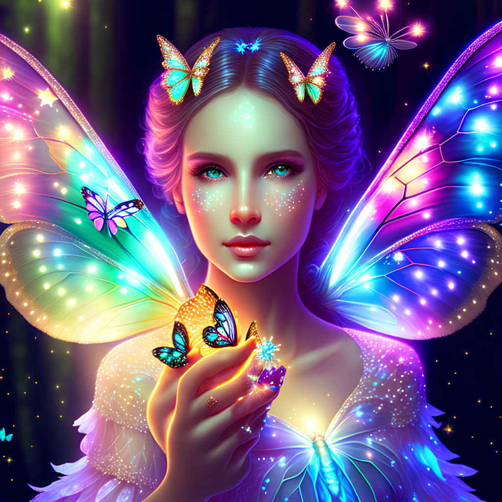 Illustration of fairy with luminescent wings and butterflies on dark background