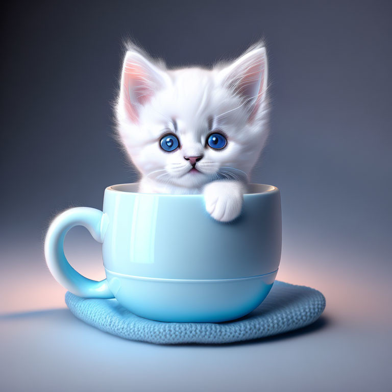 Adorable white kitten with blue eyes in light blue coffee cup