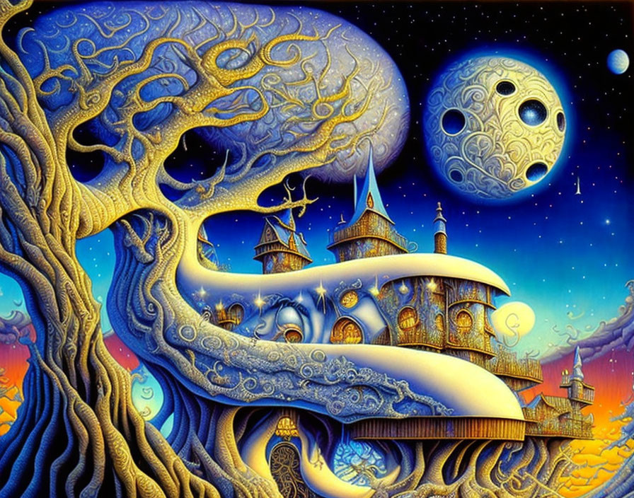 Whimsical tree with buildings on branches under starry sky