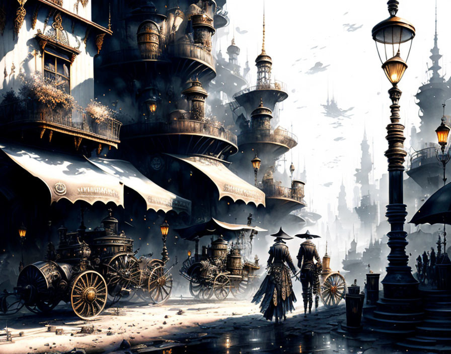 Steampunk cityscape with towering spires and cloaked figure