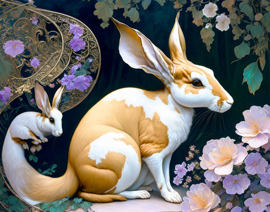 Colorful Illustration of Two Rabbits in Flower Garden with Crescent Moon