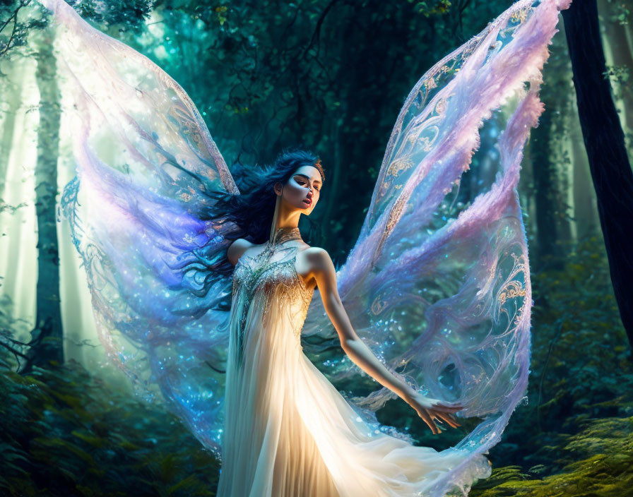 Luminescent woman with intricate wings in mystical forest