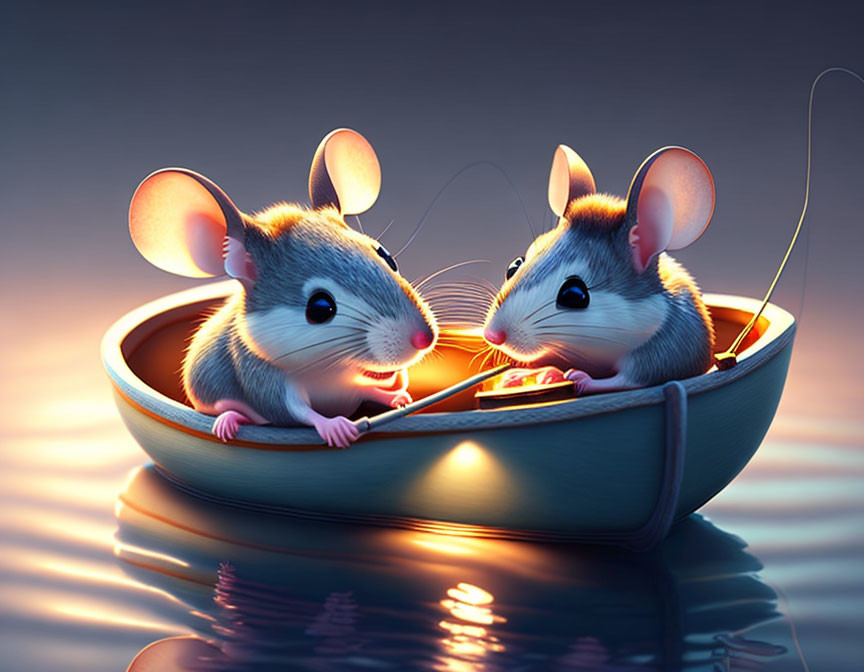 Animated mice in boat with lantern sharing tender moment on serene water