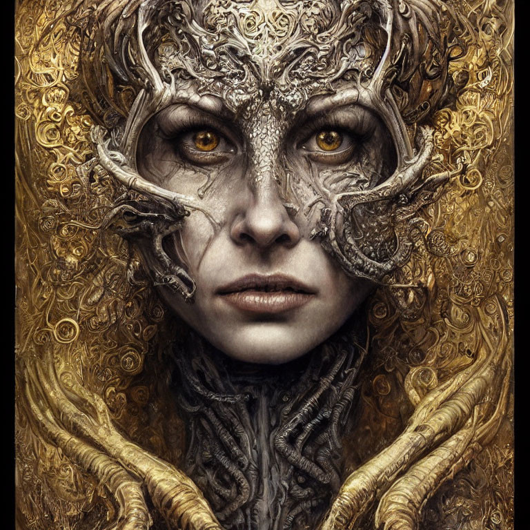 Fantasy portrait with golden ornate details and yellow eyes