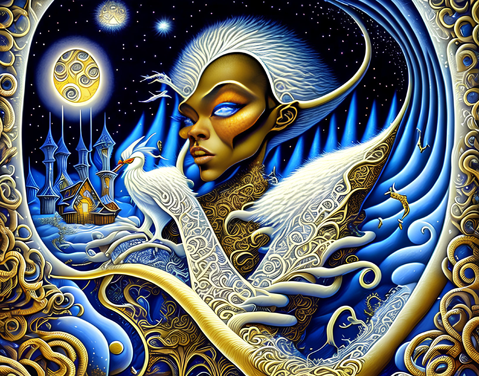 Fantasy art of blue-skinned being with swan in celestial setting