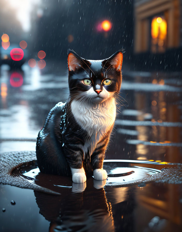 Black and white cat with yellow eyes on wet city street at night