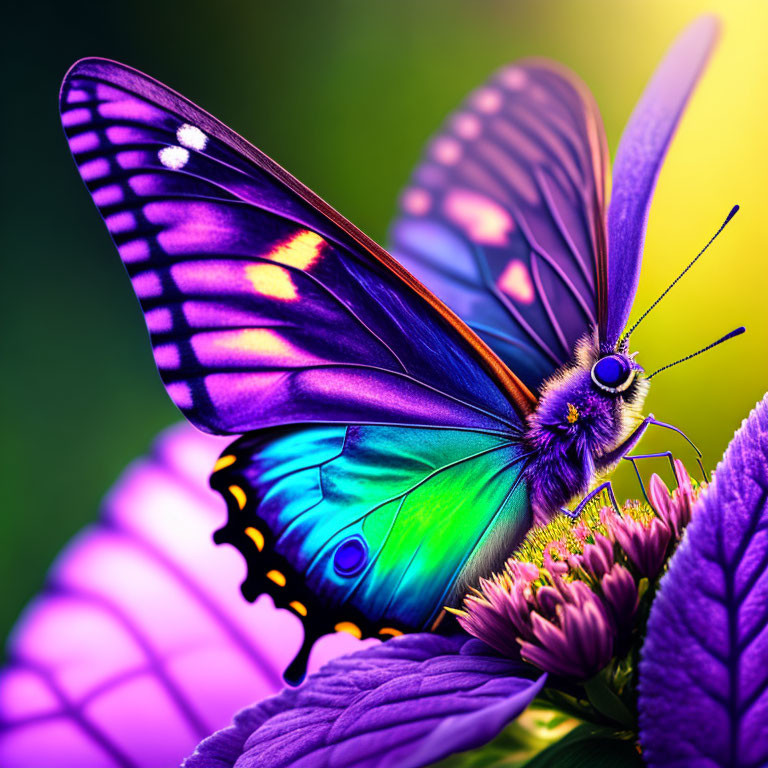 Vibrant close-up of butterfly with blue and purple wings on purple flower