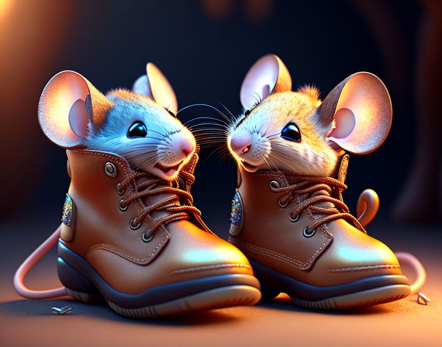 Cartoon mice in leather boots under warm light