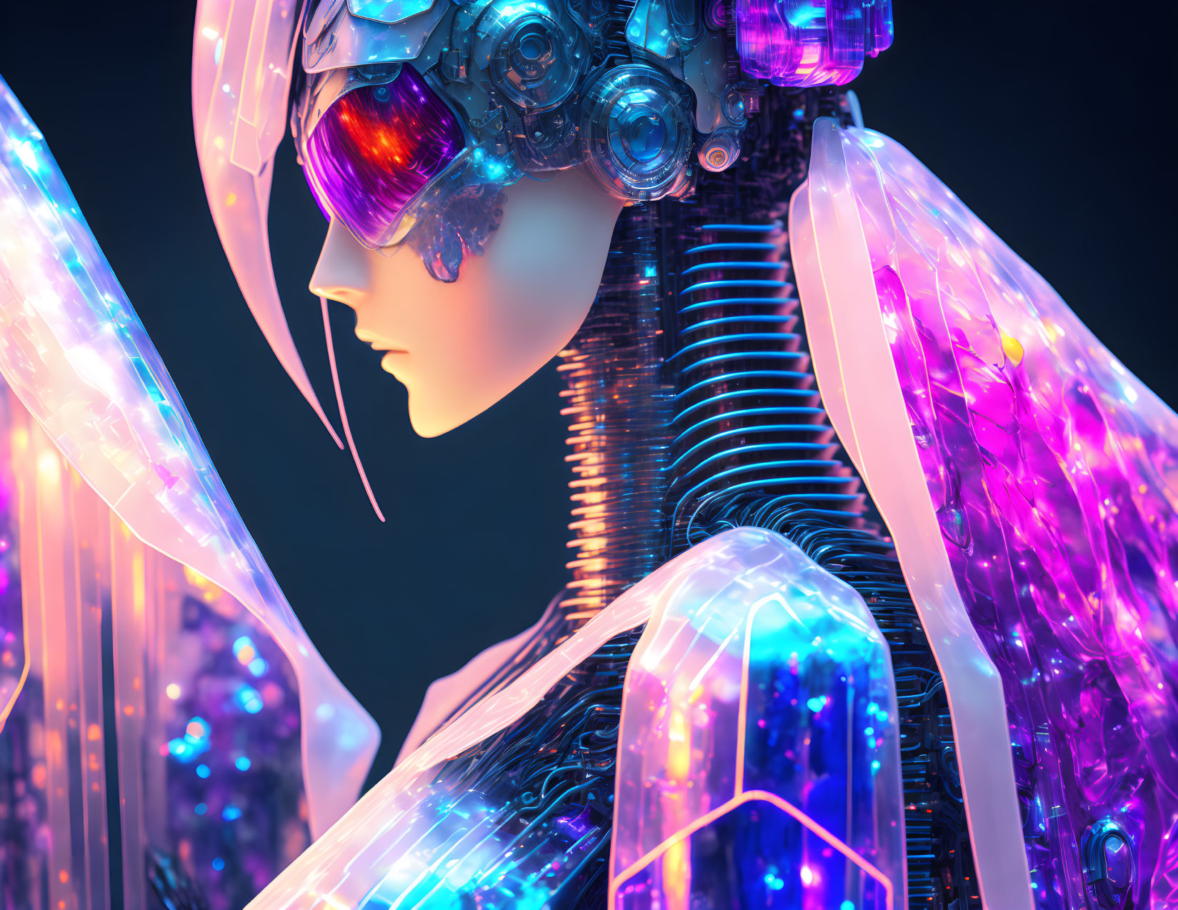 Futuristic humanoid robot with reflective goggles and neon-lit surroundings
