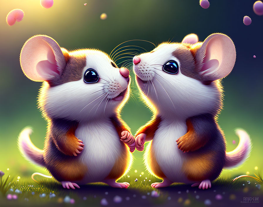 Animated mice holding hands in magical setting with glowing orbs and greenery