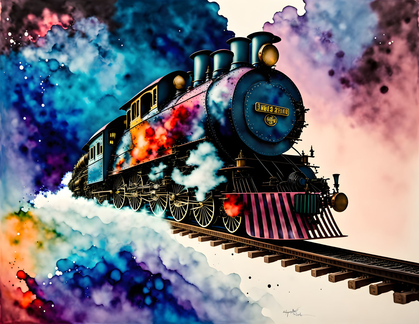 Colorful Smoke Vintage Steam Locomotive on Cosmic Track