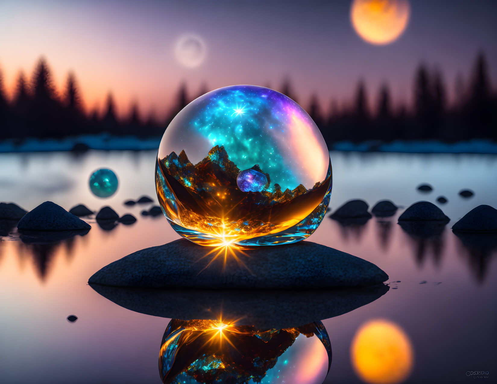 Crystal ball on rock reflects cosmic scene with stars and nebulas, twilight sky, lake.