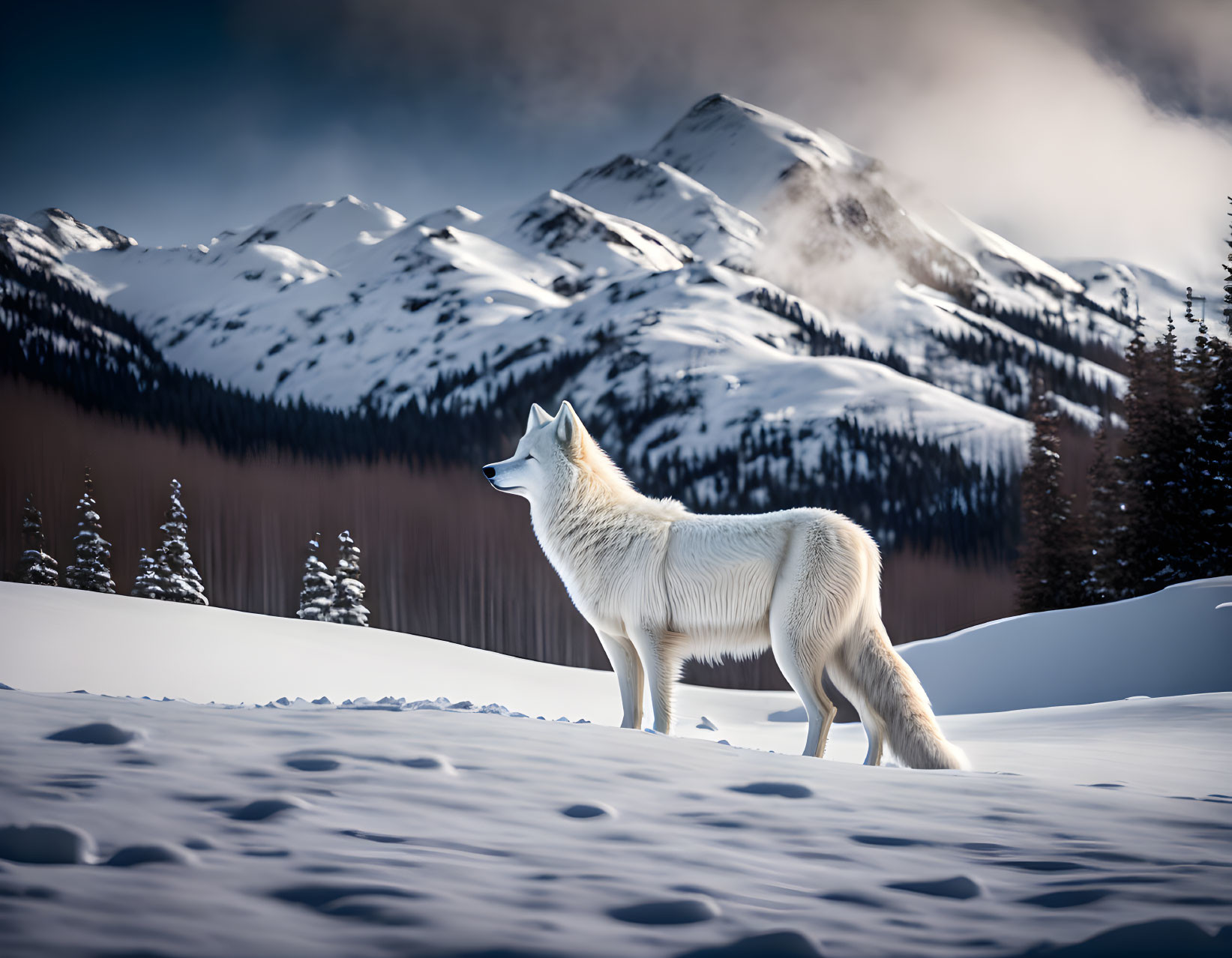 White Wolf in Snowy Landscape with Pine Trees and Mountains