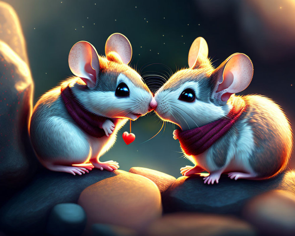 Animated mice sharing heart-shaped berry in warm light