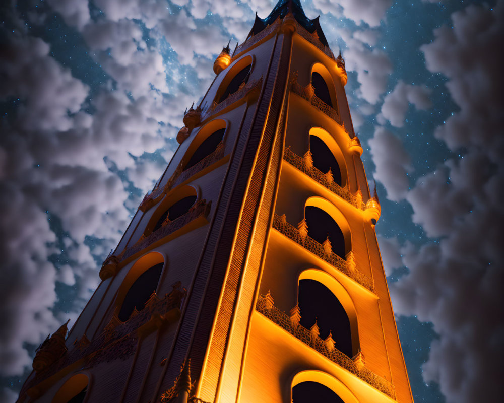 Majestic illuminated tower against night sky and stars