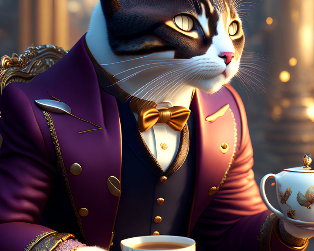 Anthropomorphic Cat in Purple Suit with Gold Bow Tie Holding Cup at Elegant Table