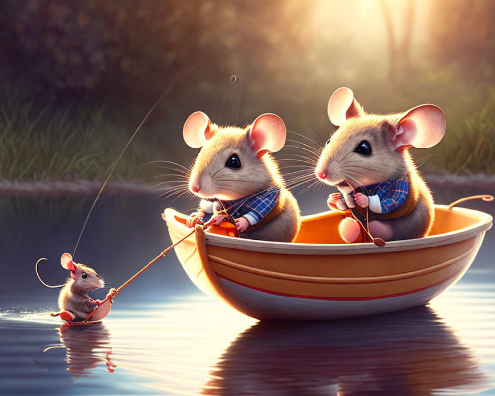 Cartoon Mice Fishing in Boat with Swimming Mouse