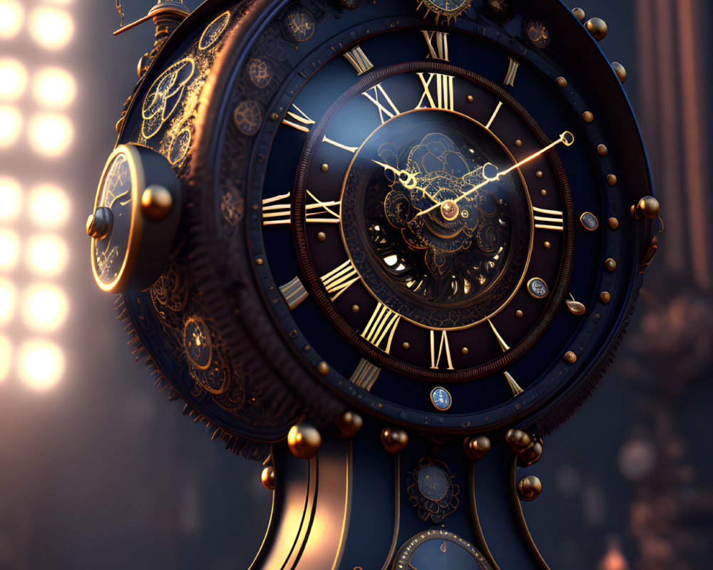 Steampunk-style clock with intricate gears and golden embellishments.