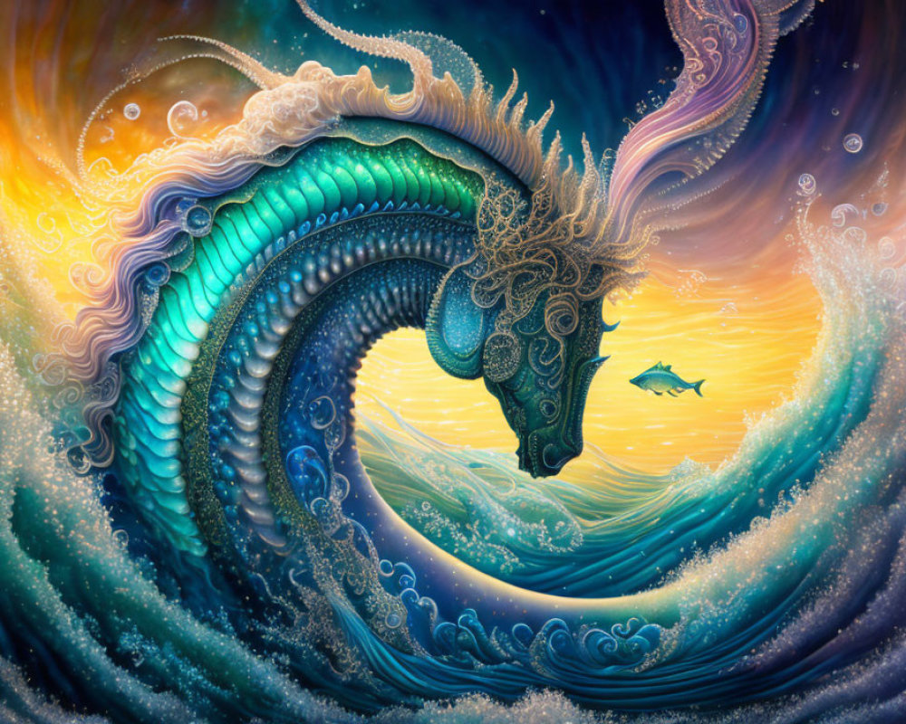 Colorful Ocean Scene: Mythical Sea Dragon and Small Fish Illustration