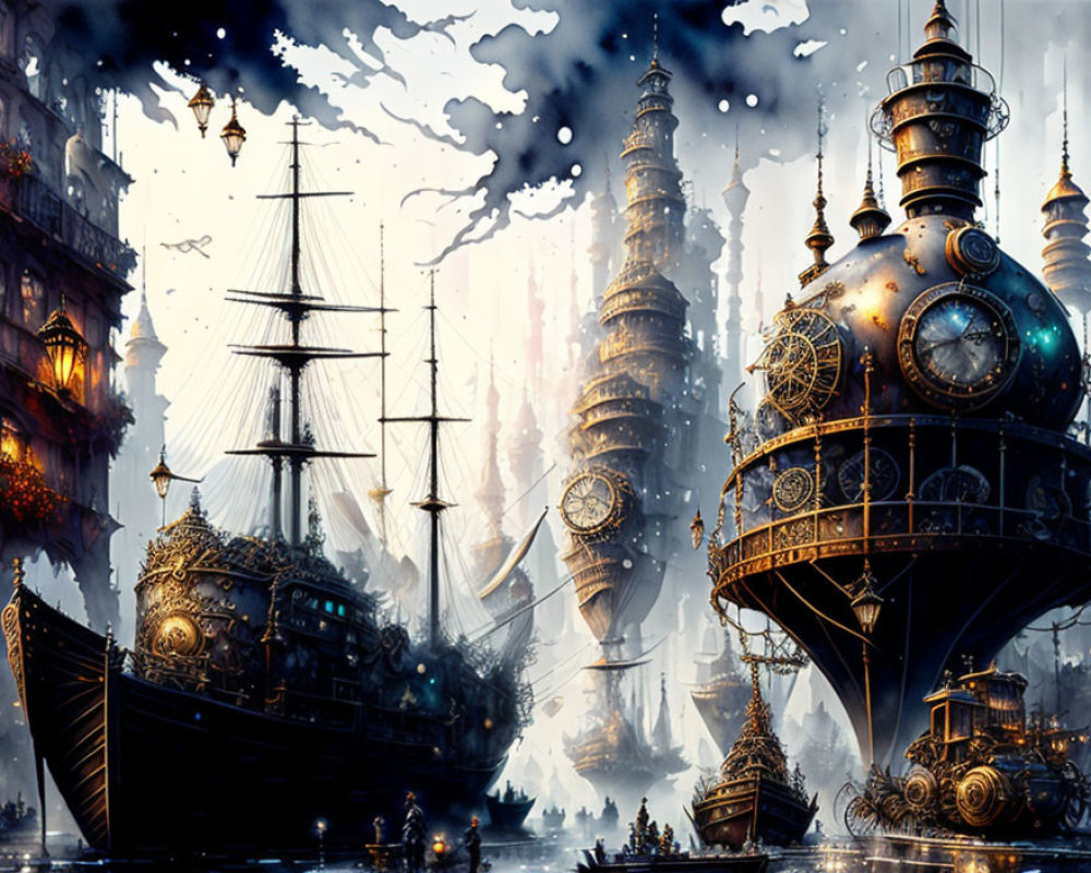 Steampunk cityscape with ornate ship and mechanical towers