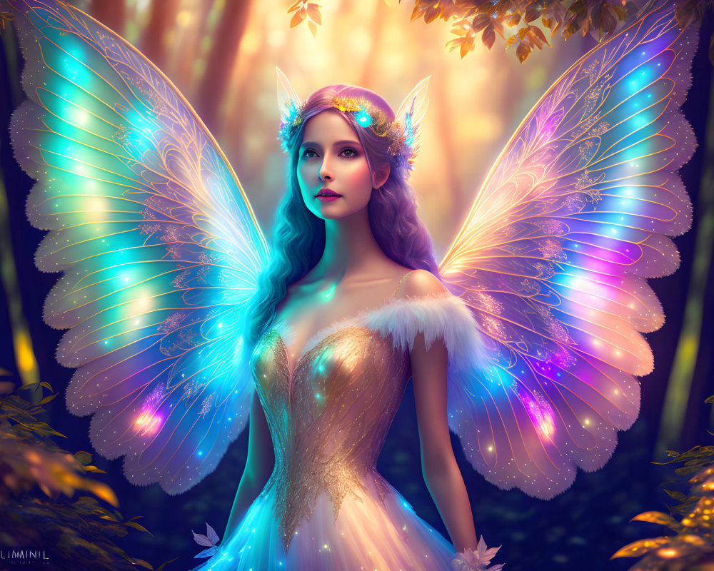 Fantastical female fairy with iridescent wings in enchanting forest