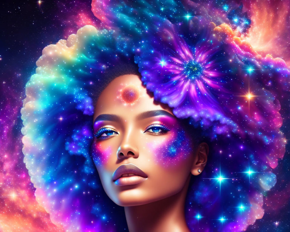 Colorful woman's face merges with cosmic elements like nebulae and stars