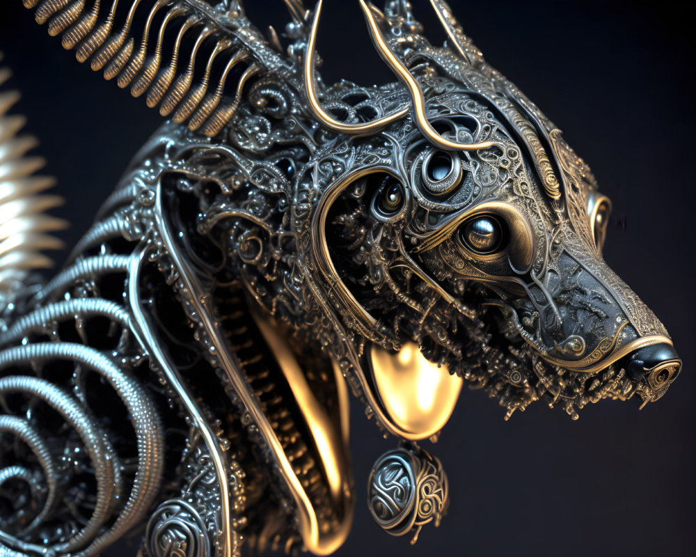 Metallic Wolf Head with Ornate Patterns and Mechanical Components on Dark Background