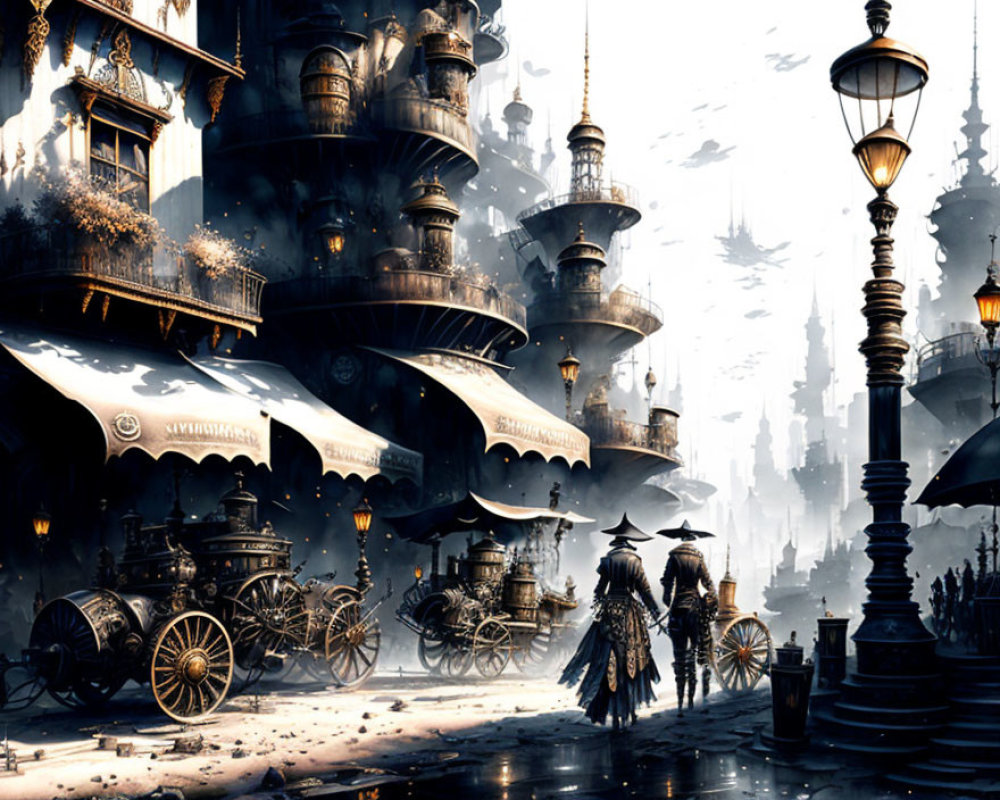 Steampunk cityscape with towering spires and cloaked figure