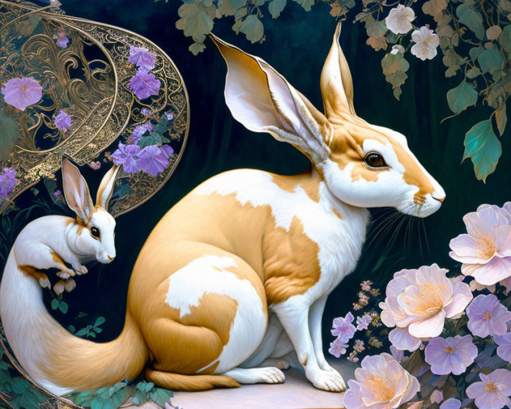 Colorful Illustration of Two Rabbits in Flower Garden with Crescent Moon