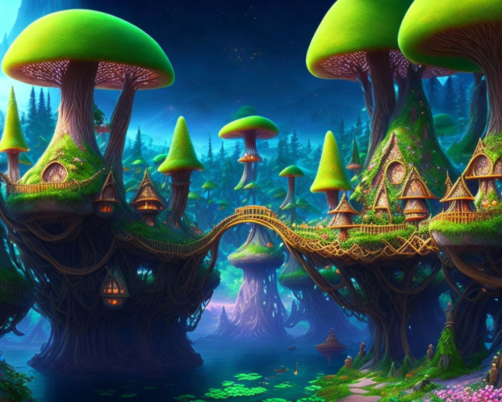 Fantasy Landscape with Oversized Mushroom Houses and Wooden Bridge