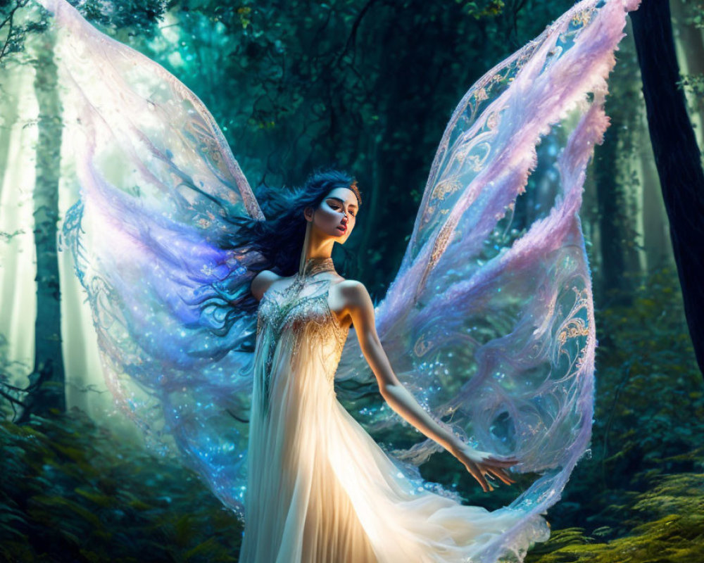 Luminescent woman with intricate wings in mystical forest