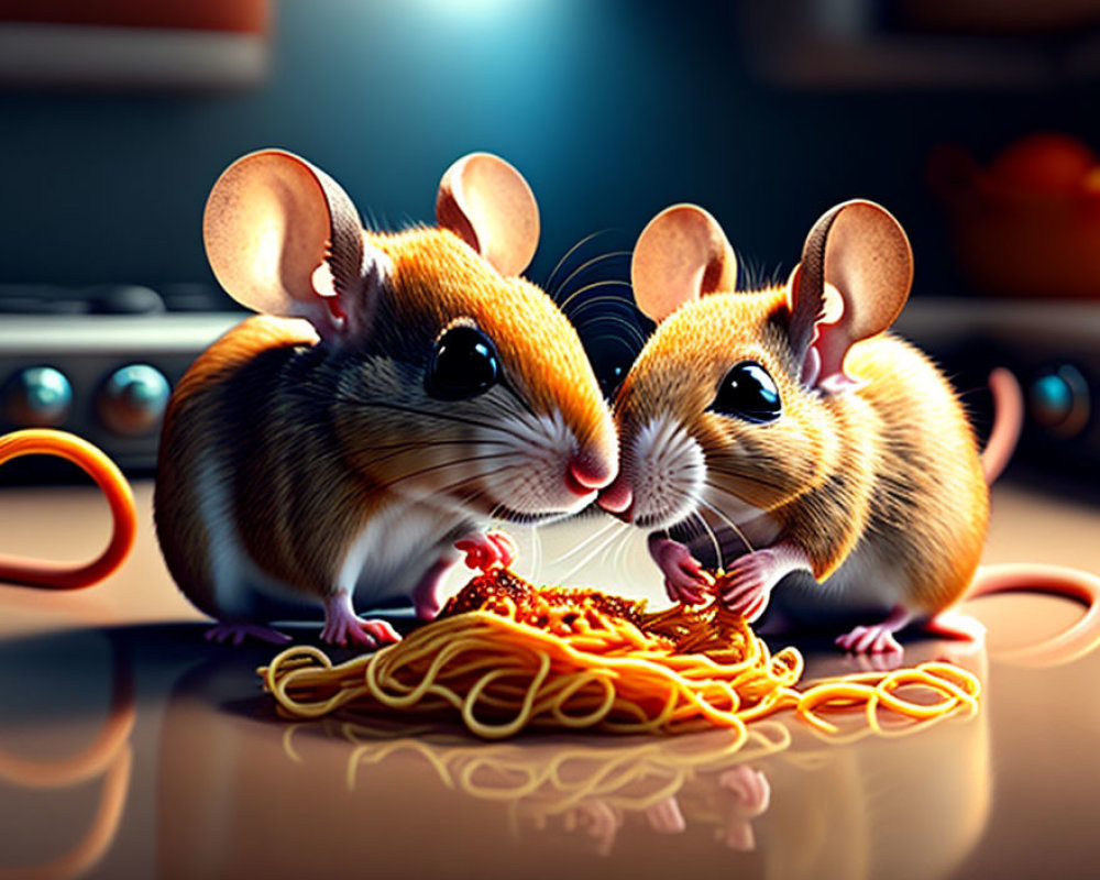 Animated mice sharing spaghetti in warm-lit kitchen setting