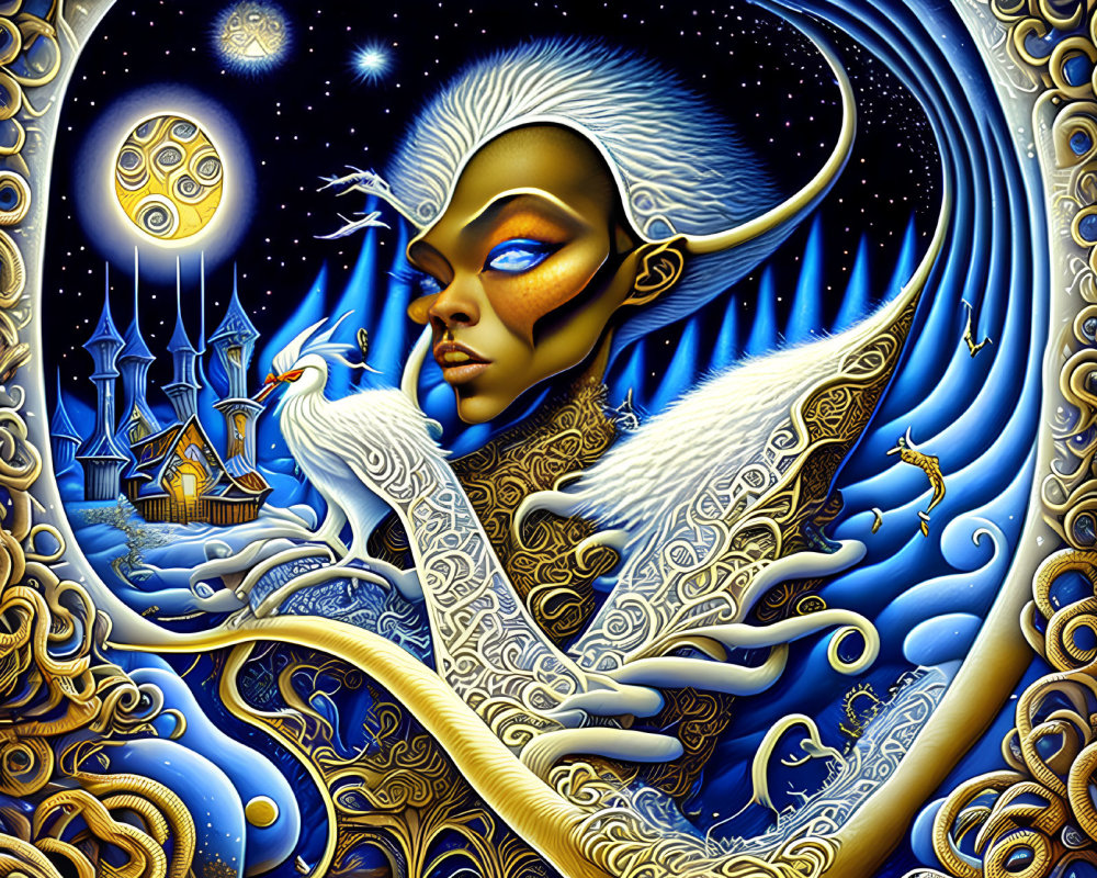 Fantasy art of blue-skinned being with swan in celestial setting