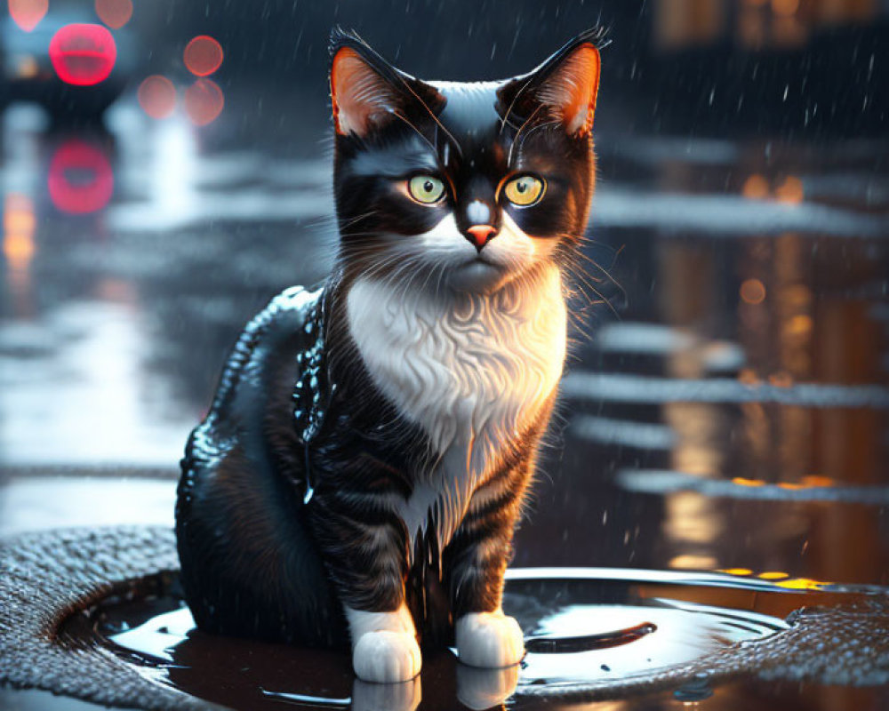 Black and white cat with yellow eyes on wet city street at night