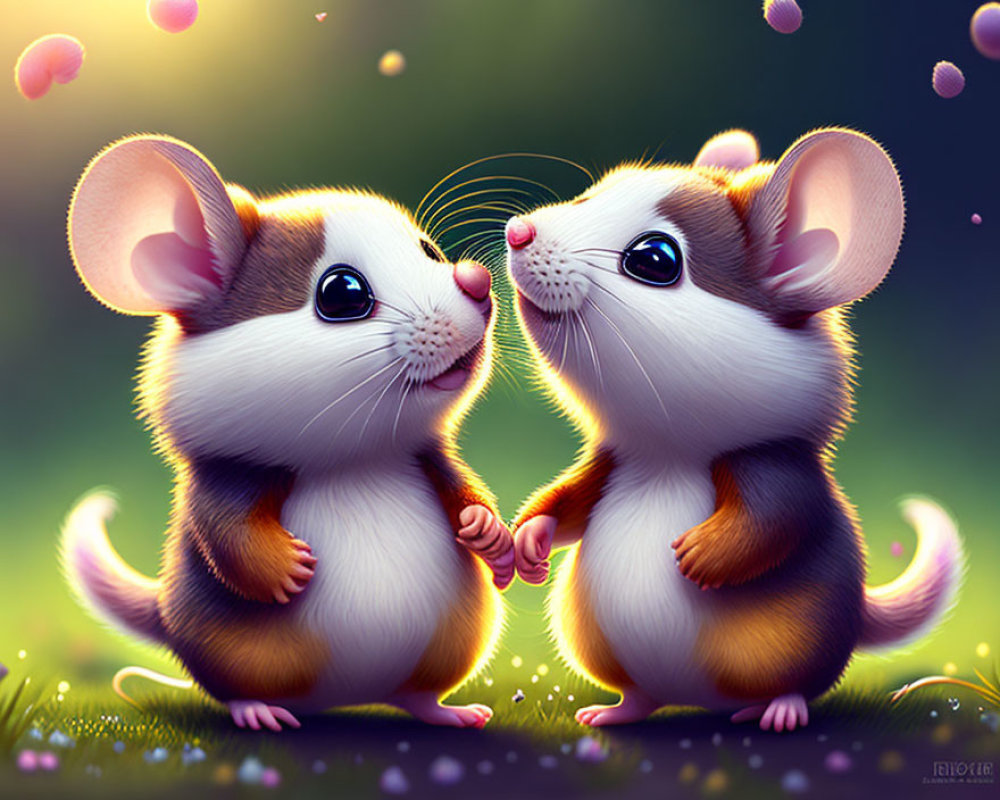 Animated mice holding hands in magical setting with glowing orbs and greenery