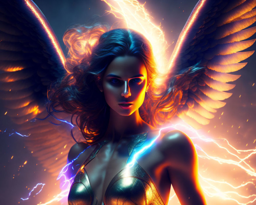 Woman with Glowing Eyes and Fiery Wings Surrounded by Lightning