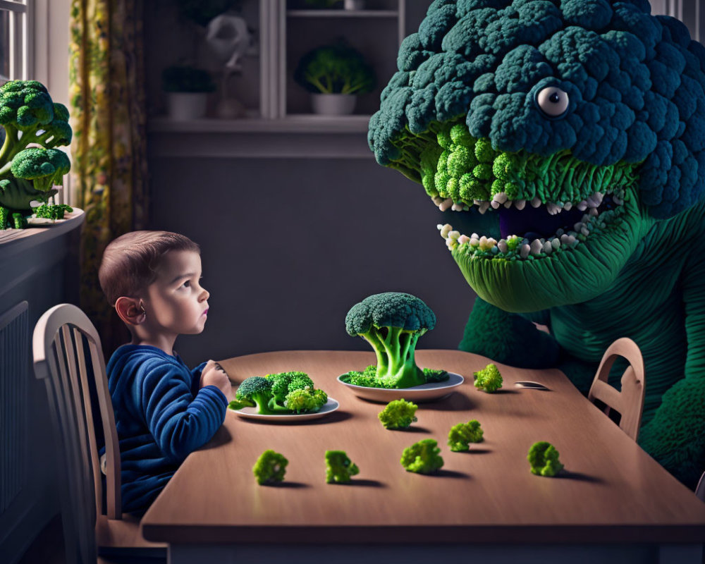 Child and broccoli dinosaur at dining table with plates of broccoli