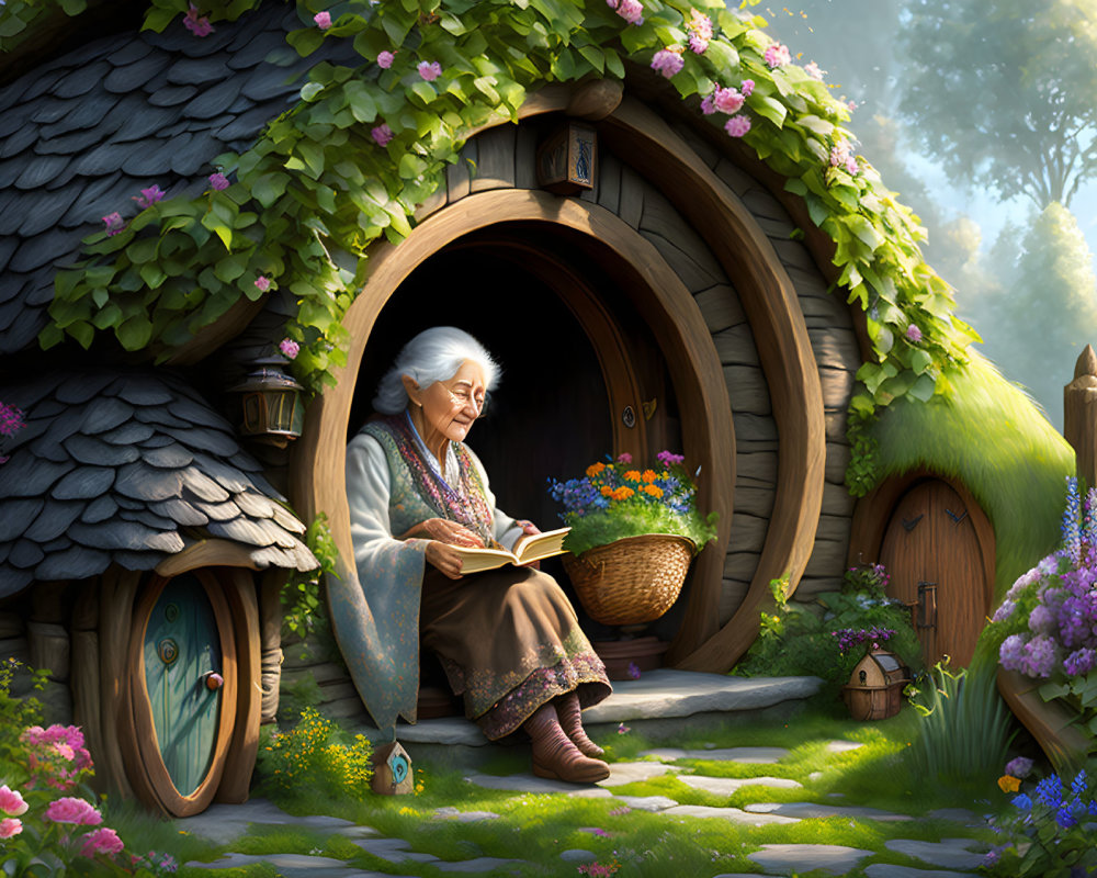 Elderly lady reading book outside quaint round-doored cottage