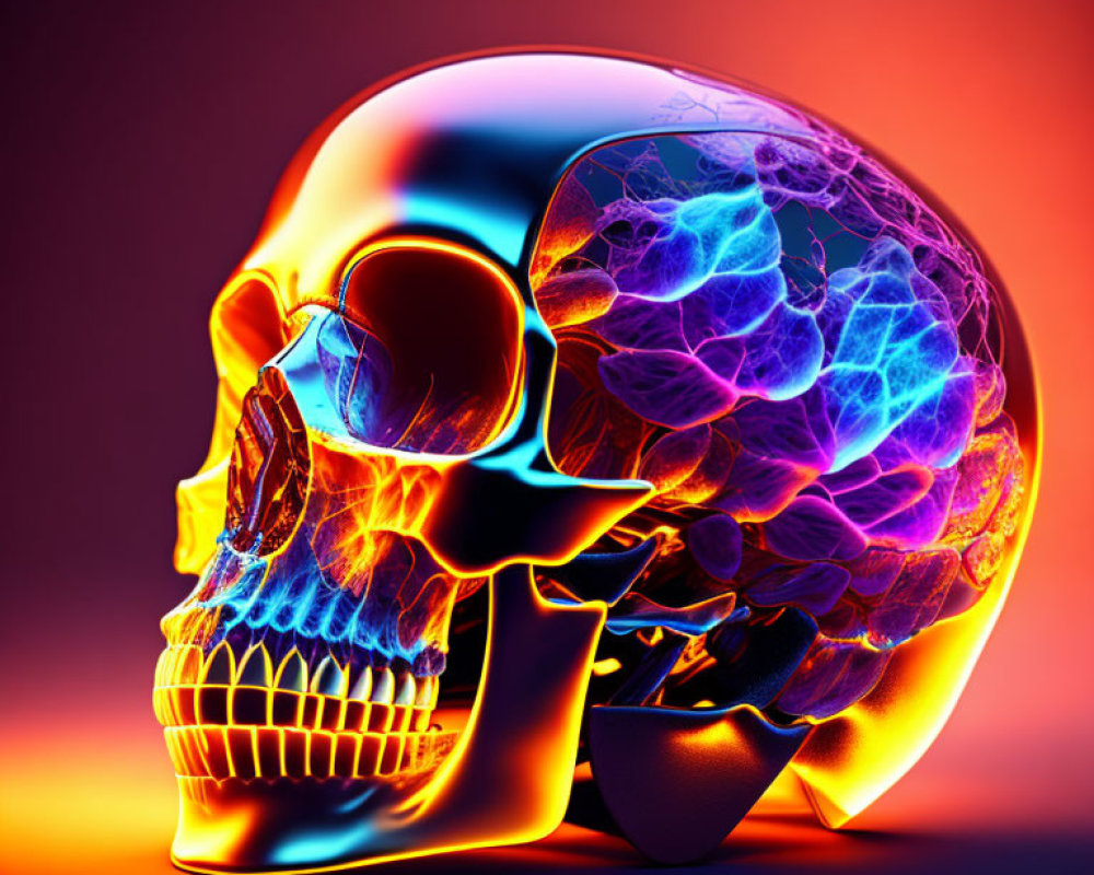 Colorful Skull Split in Orange and Blue on Red Background