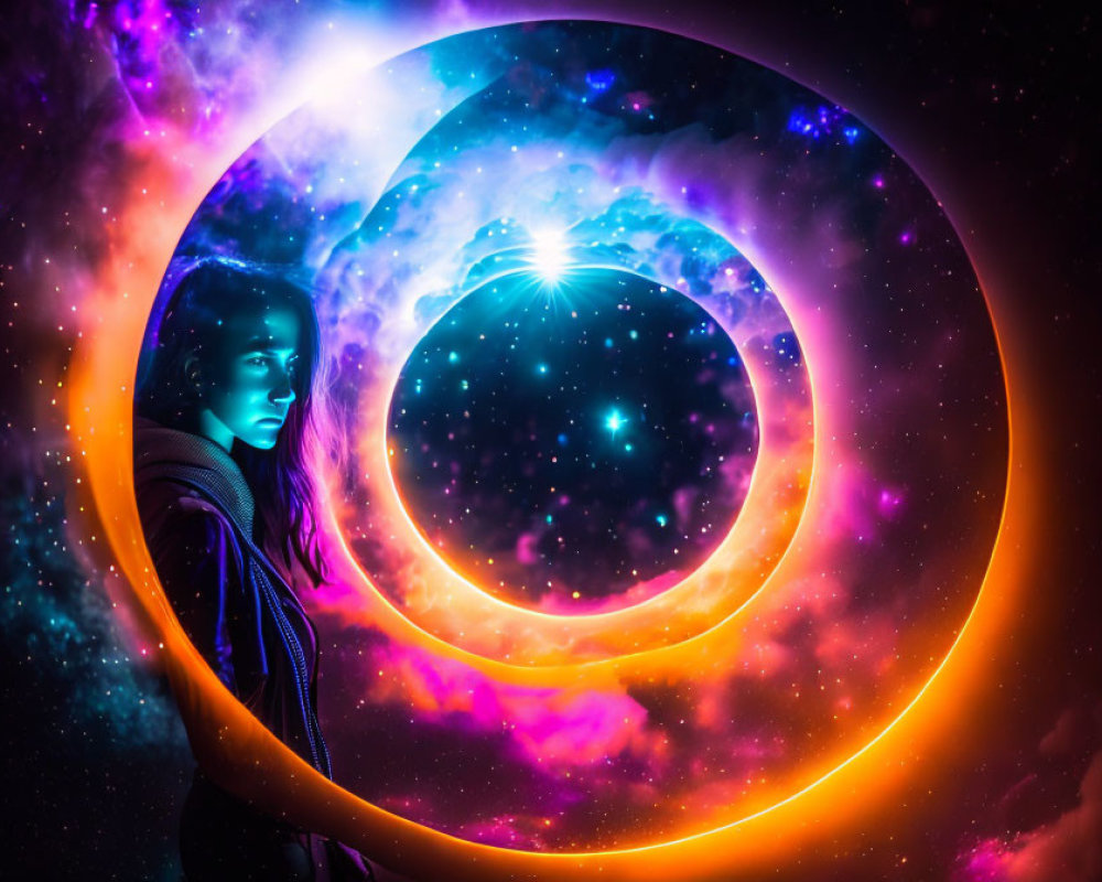 Vibrant cosmic vortex with woman standing before it