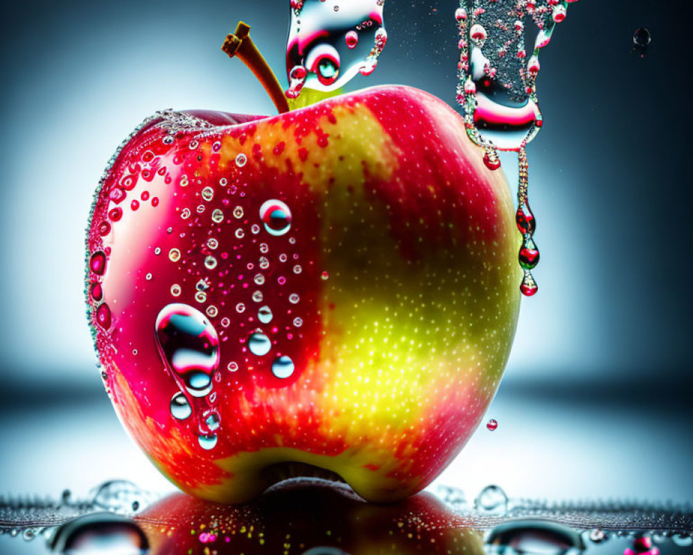 Fresh Red Apple with Water Droplets and Blurred Background