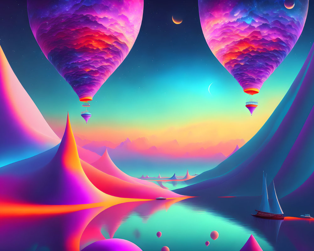 Colorful Digital Art: Hot Air Balloons Over Surreal Landscape