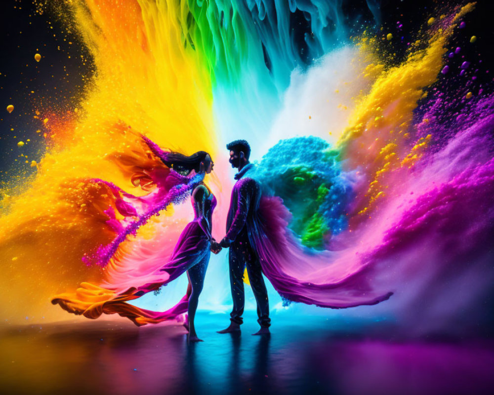 Silhouette of couple holding hands in colorful powder explosion