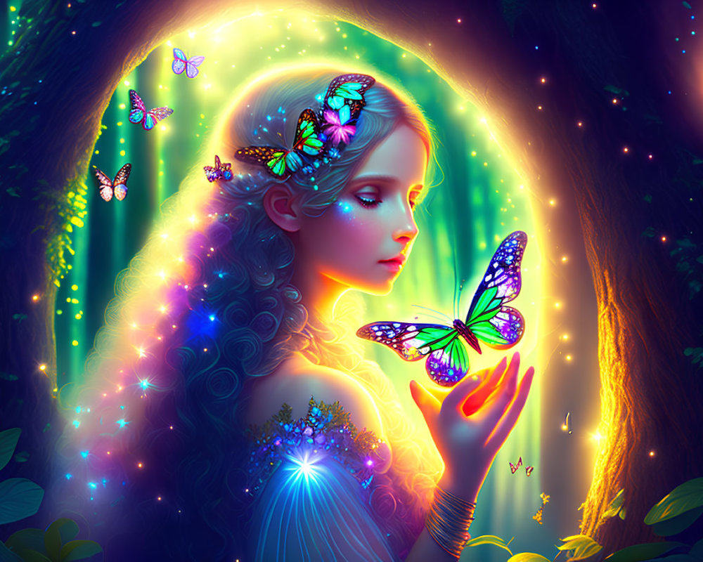 Mystical girl surrounded by luminescent butterflies in enchanted forest