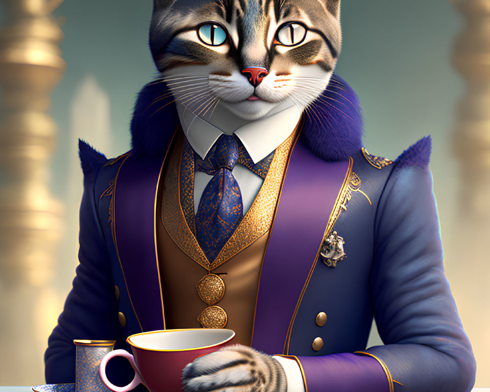 Elegant anthropomorphic cat in fancy suit with teacup and blue-gold attire