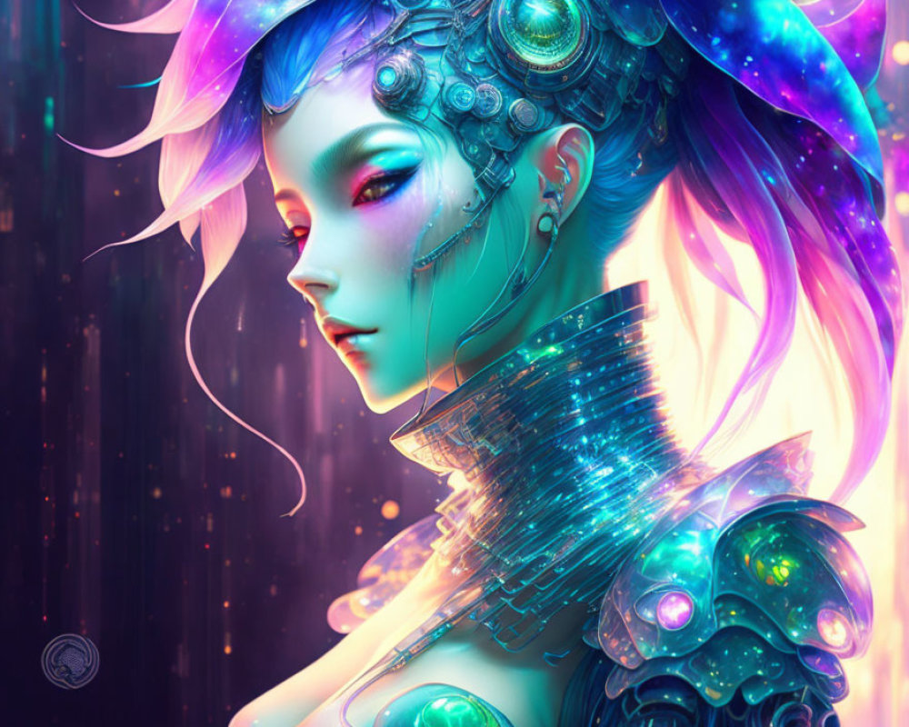 Futuristic female figure with cybernetic enhancements and vibrant hair