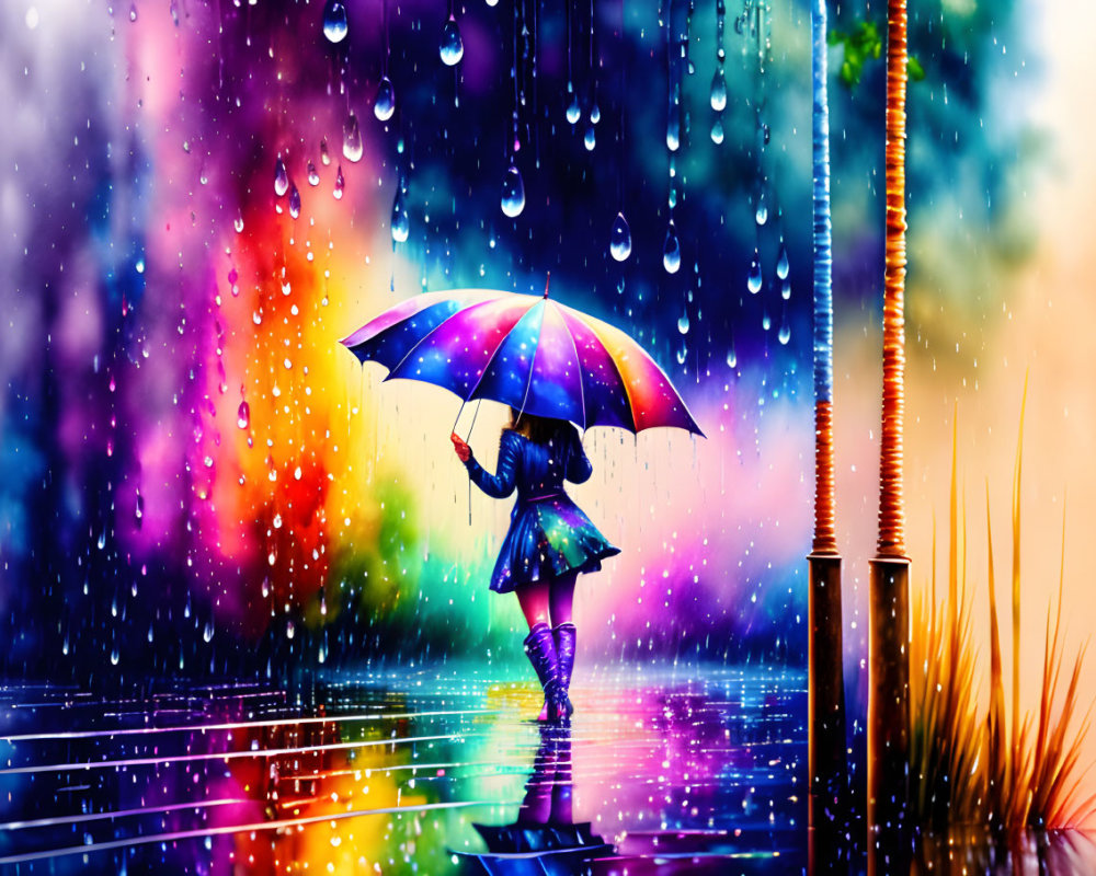 Colorful Umbrella Walking Figure in Rainy Scene