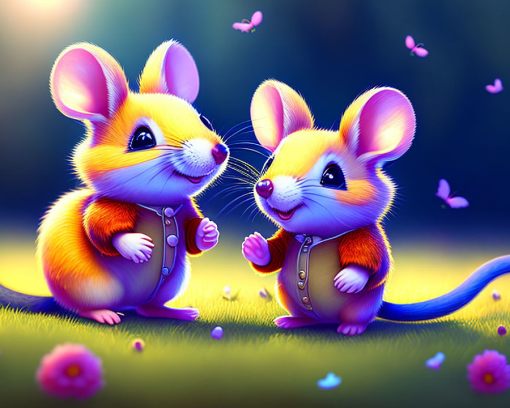 Vibrant animated mice in whimsical field with butterflies and flowers