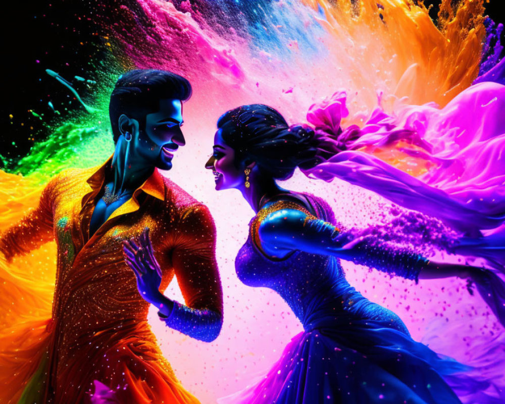 Colorful Dance Scene with Man and Woman Amid Neon Explosion